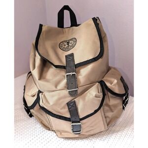 Vintage Sierra Club Backpack Tan Nylon Canvas Faux Leather Logo 14x6.5x10 inches